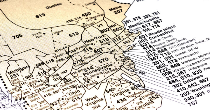 Map Showing East Coast of USA with Area Codes