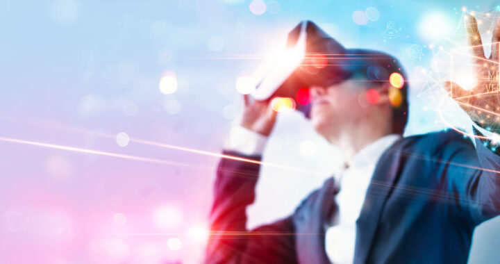 Man in Virtual reality goggles using metaverse for business